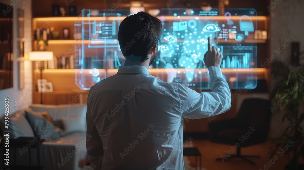 Glimpse into the Future Business Professional Using Holographic Interface in Futuristic Setting Glimpse into the Future Business Professional Using Holographic Interface in Futuristic Setting