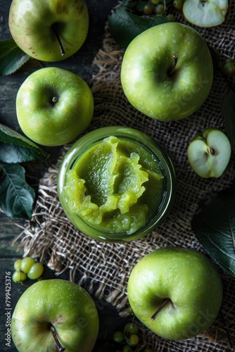 applesauce on a burlap background. selective focus