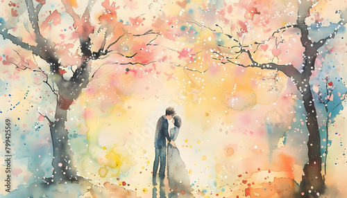 Whimsical watercolor scene of a couple sharing a kiss under a canopy of cherry blossoms in springar7 Generative AI