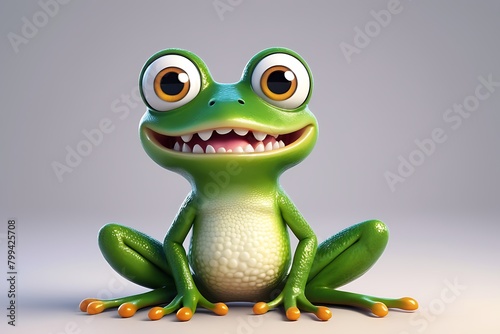 Funny realistic frog, front view. Amphibian animal with comical face. Zoology for children. Cute toad in sitting position.