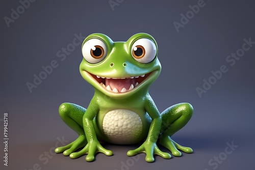 Funny realistic frog, front view. Amphibian animal with comical face. Zoology for children. Cute toad in sitting position. © Michel 