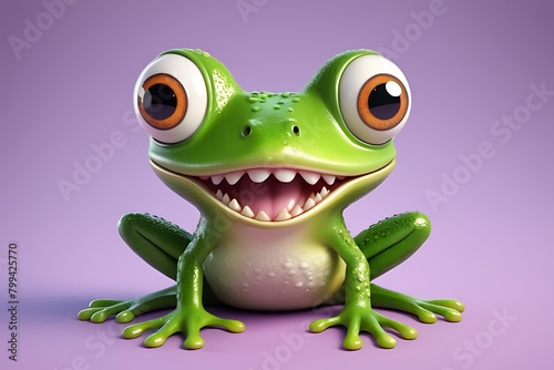 Funny realistic frog, front view. Amphibian animal with comical face. Zoology for children. Cute toad in sitting position.