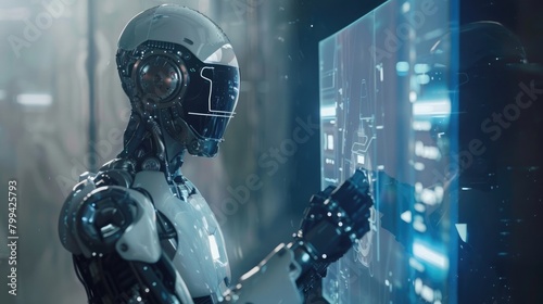 AI humanoid robot holding a virtual hologram screen photo