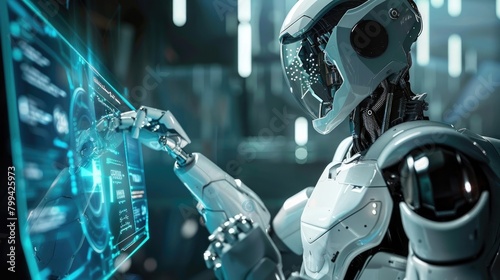 AI humanoid robot holding a virtual hologram screen