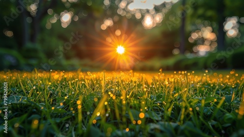 The morning sun casts a radiant glow on a field of green grass, highlighted by sparkling dewdrops..