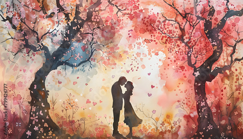 Whimsical watercolor scene of a couple sharing a kiss under a canopy of cherry blossoms in springar7 Generative AI