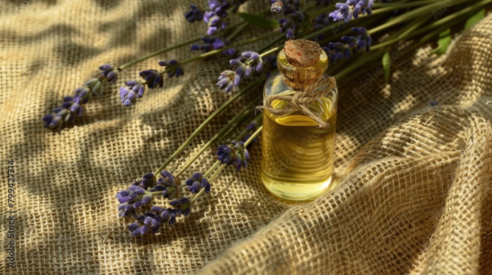 lavender essential oil on the background of burlap top view