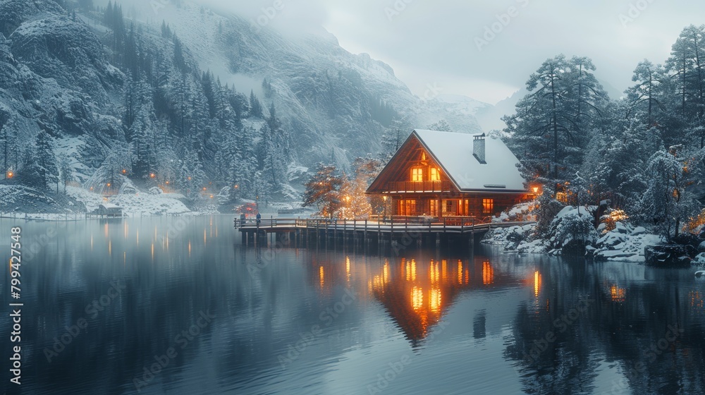 Fototapeta premium Cabin on a Lake Surrounded by Snow-Covered Mountains