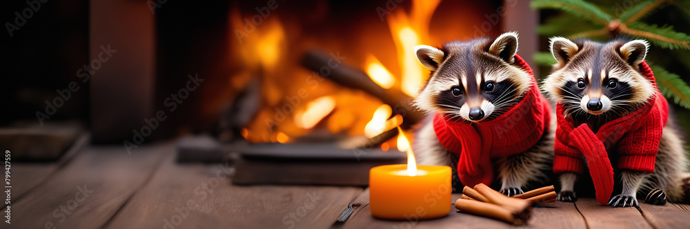 Cute little raccoons are sitting by the fire. Banner. Cute little raccoons are sitting by the fire. Banner.