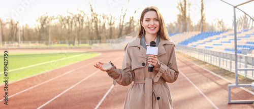 Beautiful reporter with microphone at the stadium © Pixel-Shot