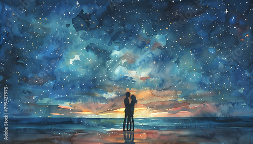 Whimsical watercolor illustration of a couple sharing a kiss under a starry sky on a remote beachar7 Generative AI