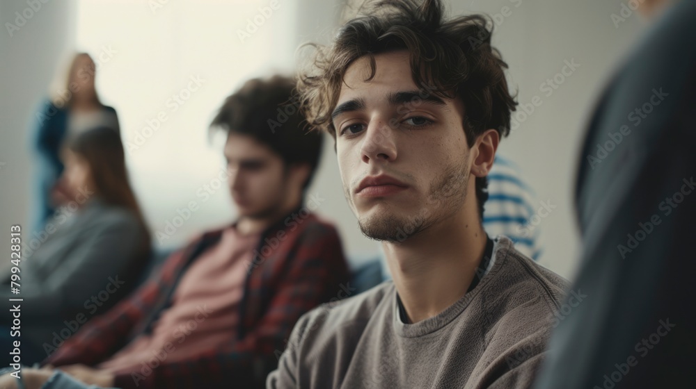 Contemplative young man in a crowd, appearing introspective and distant.