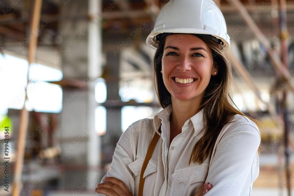 Empowered Engineer: A Portrait of a Smiling Woman on the Construction Site Empowered Engineer: A Portrait of a Smiling Woman on the Construction Site