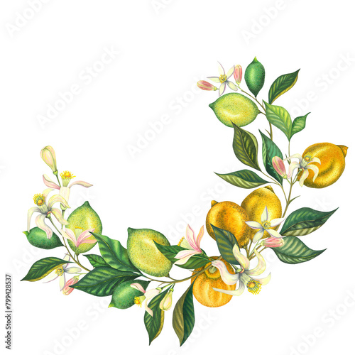 Watercolor lemon wreath branch with leaves, lemons, lime and flowers. Hand painted fresh yellow and green fruits, pink flower isolated on white background. Fresh fruits illustration for design, print