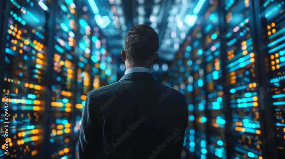 Efficient Data Management Rear View of Database Administrator Optimizing Storage on Glowing Servers for Quick Access to SEO and AI Analytics