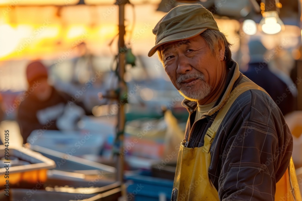 An Asian fisherman in work gear gives a slight smile at the dock, with warm evening light