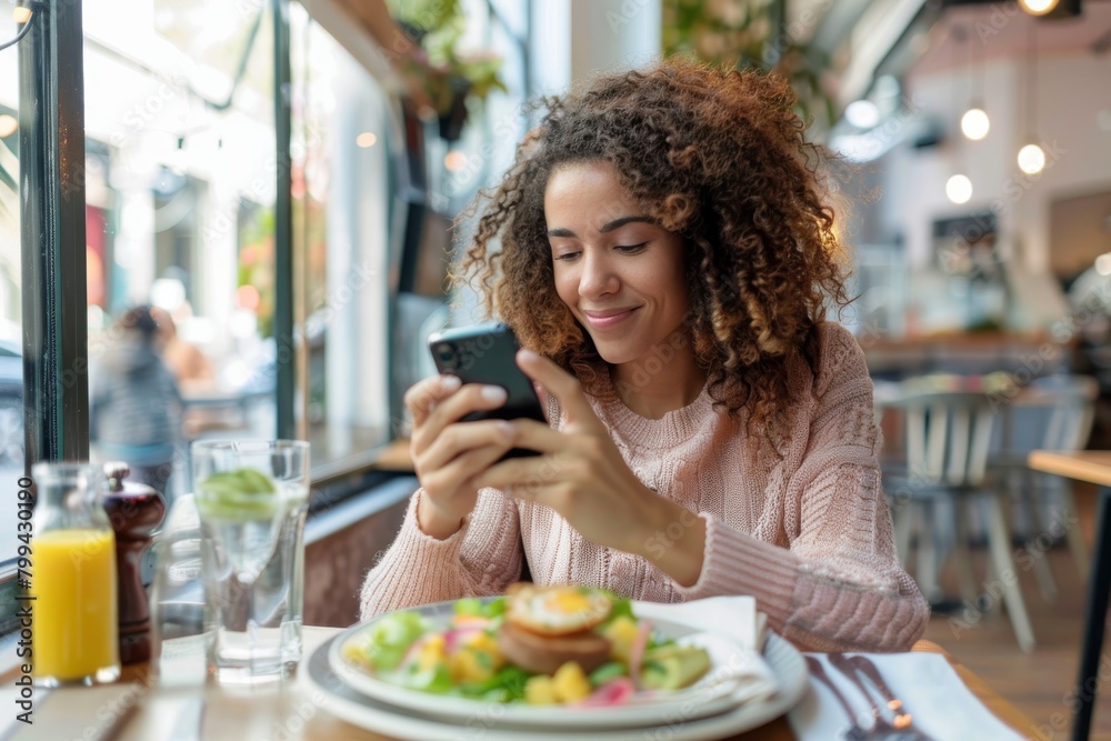 A cheerful curly-haired woman smiles while looking at her smartphone in a sunny restaurant setting