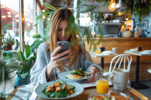 A young woman is engrossed in her smartphone, dining alone in a restaurant among greenery