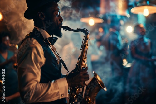 A saxophonist deeply immersed in his performance, surrounded by a smoky jazz club ambiance, highlighting the music's soulfulness