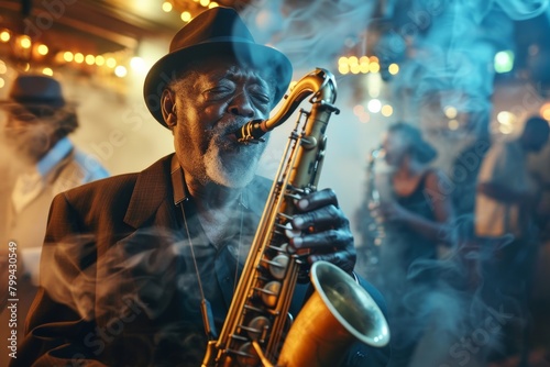 A saxophonist plays amidst smoke and soft lighting in a vibrant jazz club, capturing the soul of the music scene