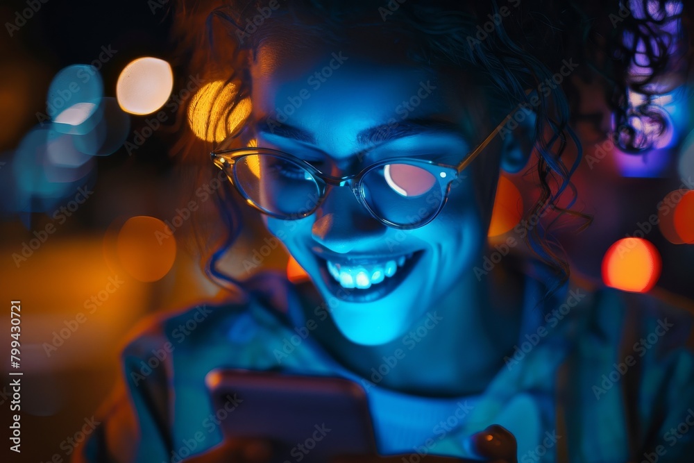 A curly-haired woman is engrossed in her smartphone amidst vibrant city night lights
