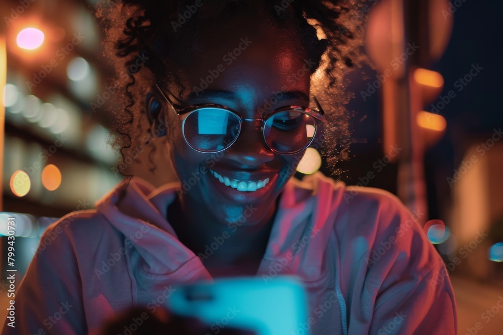 Obraz premium An urban scene at night with a young woman wearing a hoodie using her smartphone