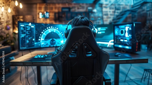 Immersive Gaming Experience Rear View of Player in HighTech Chair Engrossed in Curved Monitor Setup Technology Entertainment Virtual Reality Concept