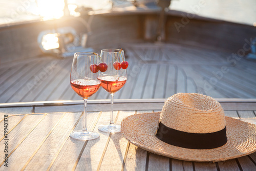 Wine on a yacht in sea. Romantic picnic in summer travel at sunset. Two wineglasses with cherry, straw hat on beautiful wooden deck. Alcohol-free drink on vacation. Enjoyment, relaxation on holidays