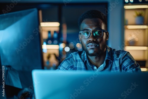 A man facing away, engrossed in work on a computer late at night, highlighting dedication photo