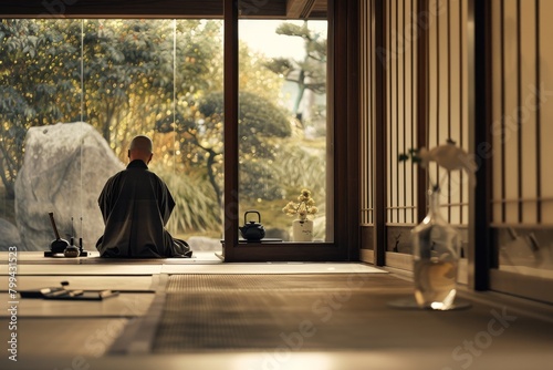 A serene scene showcasing a monk in meditation overlooking a Zen garden, exuding a sense of peace and mindfulness
