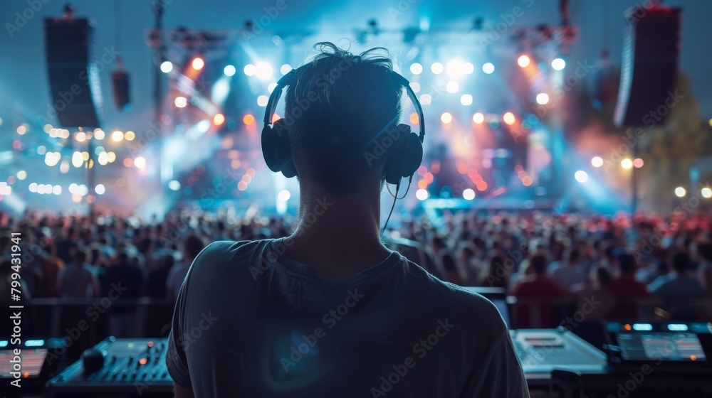 Obraz premium Virtual Concert Planning Music Festival Organizer Strategizing with Digital Twin for Audience Flow and SEO Promotion
