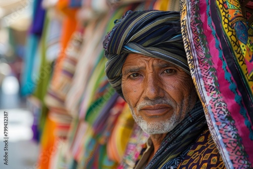 A man with an intense gaze is surrounded by an array of colorful and patterned textiles at a market