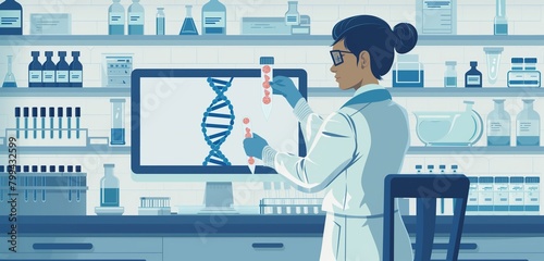 a geneticist female examining DNA samples in a lab, 2d, flat, illustration, solid color.