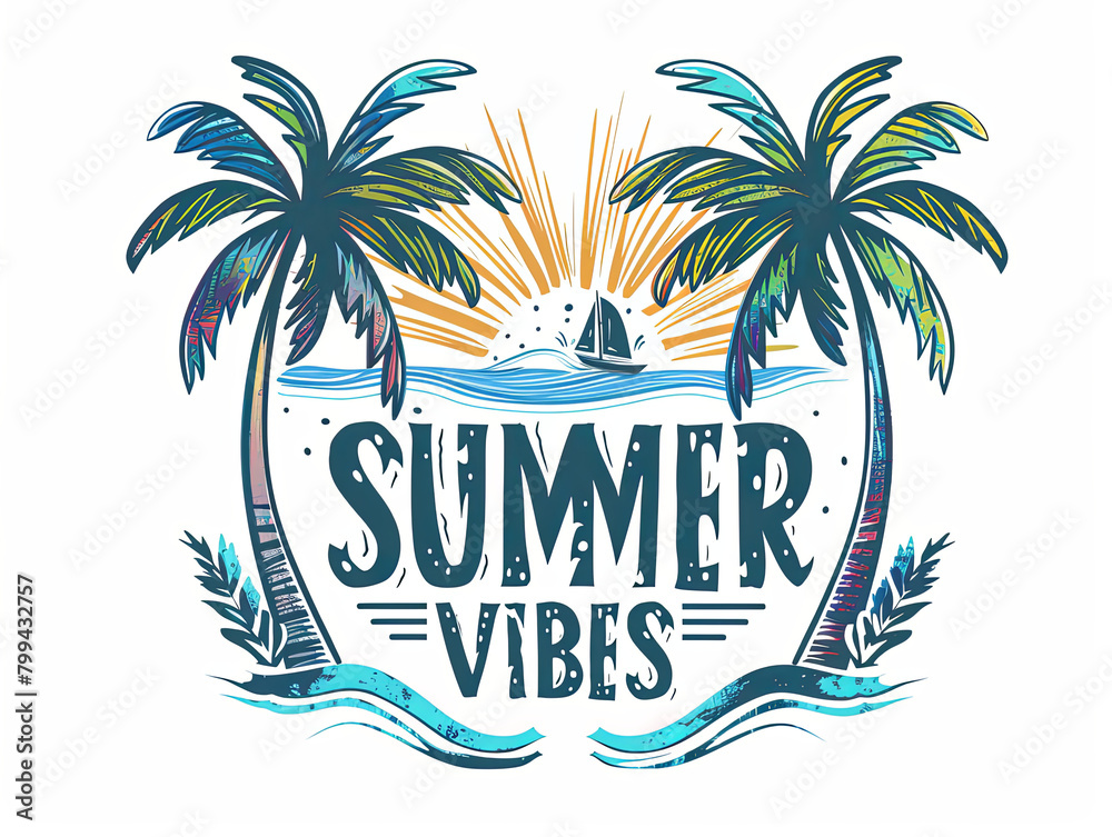 Bright and colorful illustration themed 'Summer Vibes' with tropical elements and dynamic artwork.
