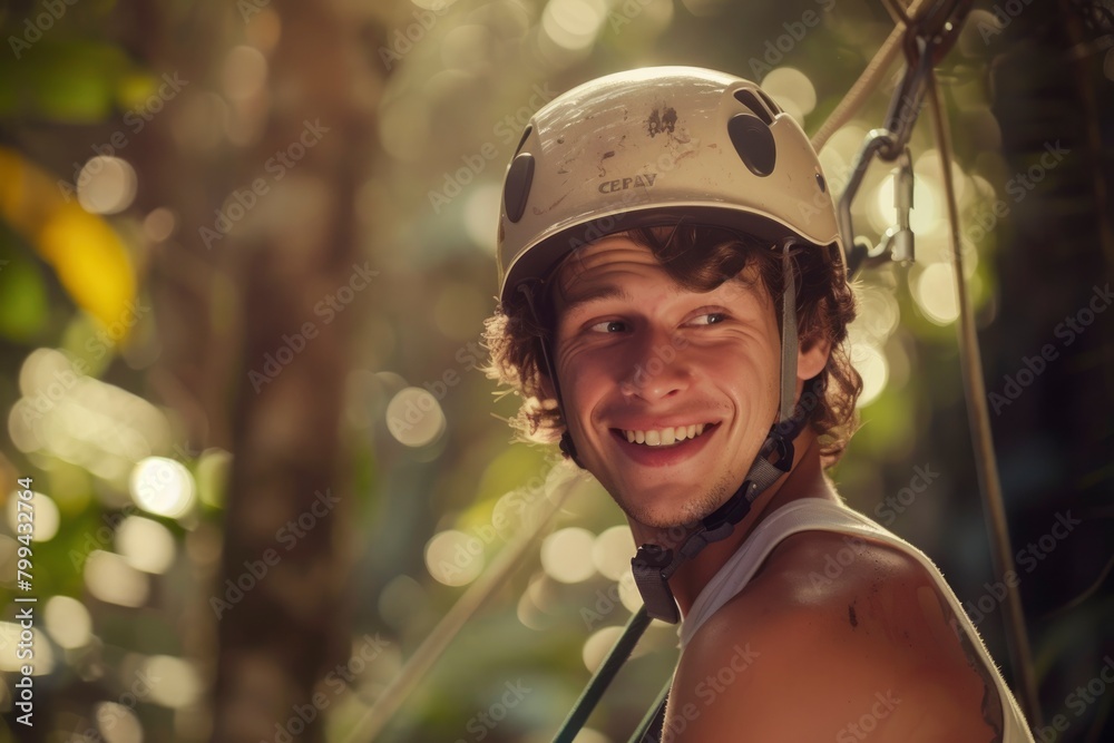  Smiling young person enjoying a zipline adventure