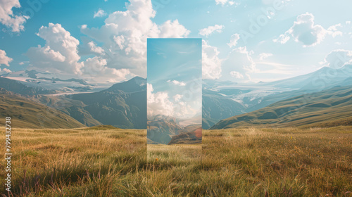 Surreal landscape with a mirror portal reflecting a clear blue sky amidst rolling green hills and snow-capped mountains.
