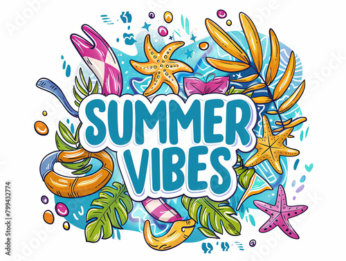 Bright and colorful illustration themed 'Summer Vibes' with tropical elements and dynamic artwork. 