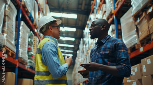Two business professionals engaged in a serious conversation inside a warehouse with shelves of goods in the background.
 photo