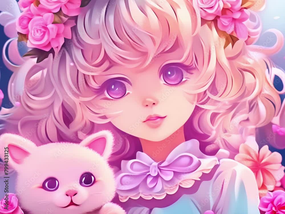 Cartoon girl with big eyes in pink clothes holding plush kitten. Young lady with toy cat. Concept of cute characters, pet companionship, fantasy world, dreamland, fairytale, friendship. Motion Cartoon girl with big eyes in pink clothes holding plush kitten. Young lady with toy cat. Concept of cute characters, pet companionship, fantasy world, dreamland, fairytale, friendship. Motion