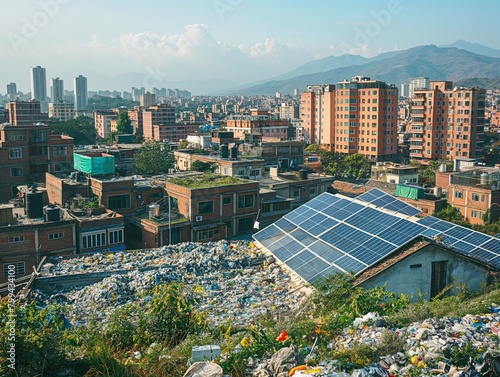 A city with a lot of buildings and a solar panel on top of a building. The city is dirty and has a lot of trash photo