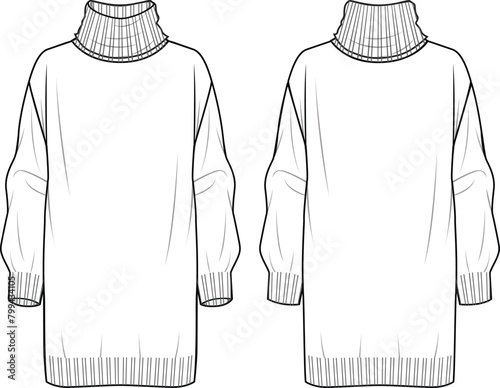 Women's Turtle Neck Knit Dress. Technical fashion illustration. Front and back, white color. Women's CAD mock-up.