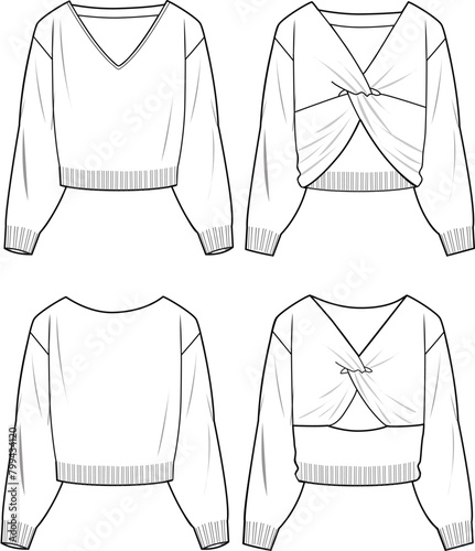 Women's Knotting Detail, Twist Back V-Neck, and Boat Neck Jumper. Technical fashion illustration. Front and back, white color. Women's CAD mock-up.