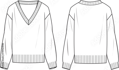 Women's V-Neck Basic Jumper. Technical fashion illustration. Front and back, white color. Women's CAD mock-up.