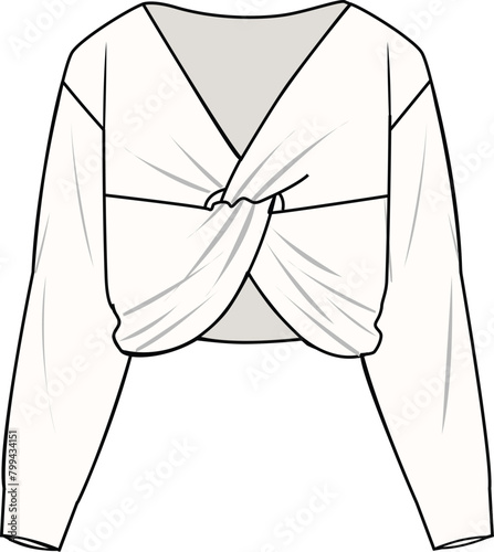 Women's Twist Front Crop Jumper-Technical fashion illustration. Front, ecru color. Women's CAD mock-up.