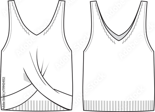 Women's Knotting Detail, Twist Front V-Neck Knit Vest Top- Technical fashion illustration. Front and back, white color. Women's CAD mock-up.