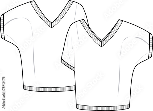 Women's V-Neck Batwing Jumper. Technical fashion illustration. Front and back, white color. Women's CAD mock-up.