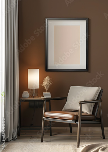 Comfortable living room with wood chair  table  lamp  and picture on wall