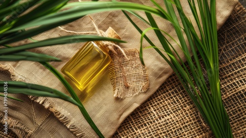 vetiver essential oil on a burlap background top view photo