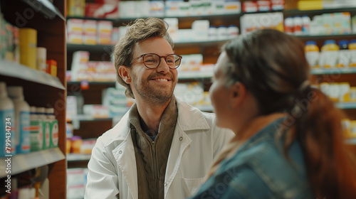 Happy man chooses medicine with help of young pharmacist in drugstore.
