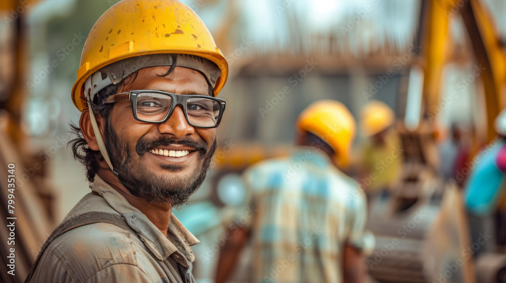 A smiling worker wearing a yellow helmet and glasses is in focus at a construction site. In the background, other workers in yellow helmets are blurred, creating a busy and industrious scene A smiling worker wearing a yellow helmet and glasses is in focus at a construction site. In the background, other workers in yellow helmets are blurred, creating a busy and industrious scene